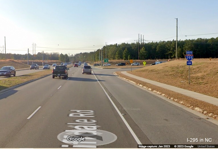 Image of South I-295 trailblazer at the Cliffdale Road on-ramp, Fayetteville Outer Loop, Google Maps Street View, 
        January 2023