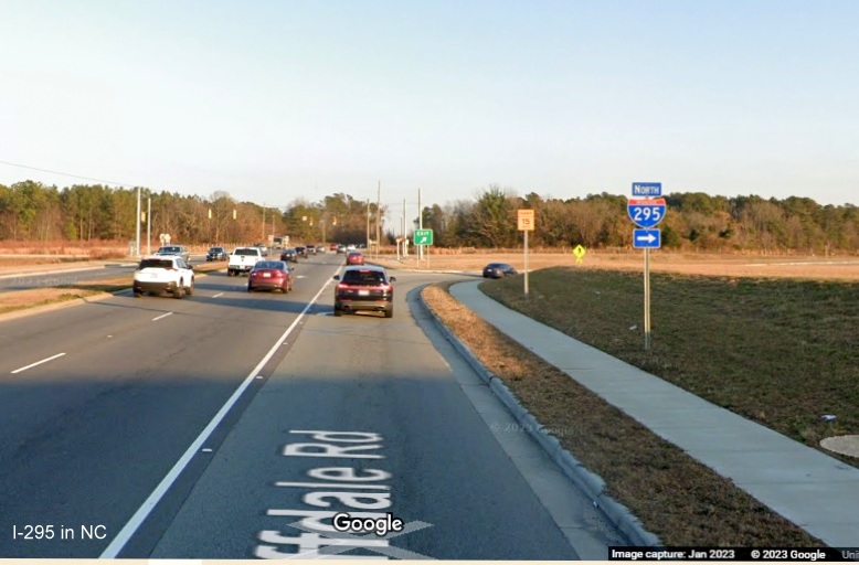 Image of North I-295 trailblazer at the Cliffdale Road interchange, Fayetteville Outer Loop, Google Maps Street View, 
        January 2023