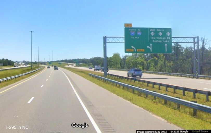 Image of I-295 shield now on Bragg Blvd to Murchison Road C/D ramp from the northbound Fayetteville Outer Loop, Google Maps Street View, 
        May 2022