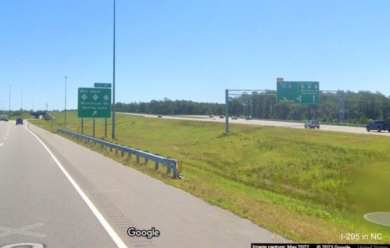Image of I-295 shield now at ramp to Murchison Road from the northbound Fayetteville Outer Loop, Google Maps Street View, 
        May 2022