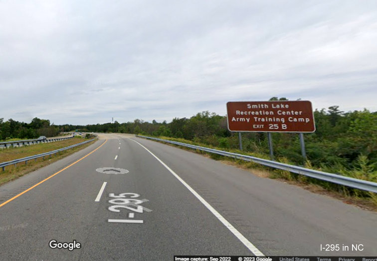 Image of brown auxiliary sign for McArthur Road exit on I-295 South, Fayetteville Outer Loop, Google Maps Street View, 
        September 2022