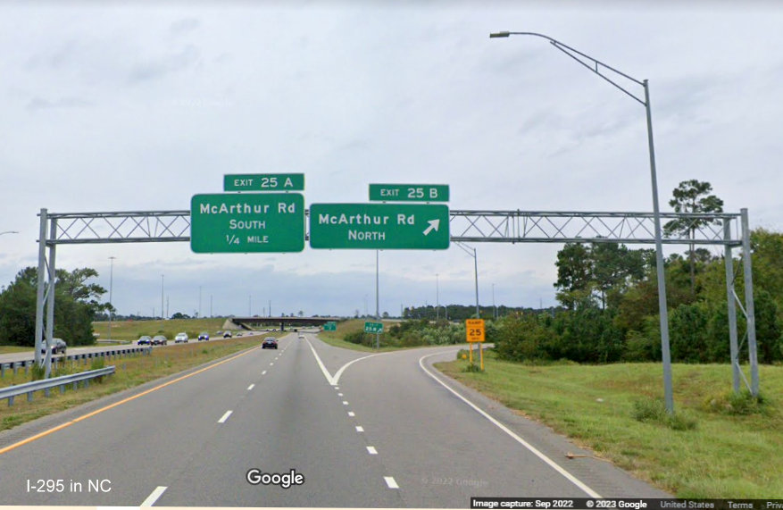 Image of overhead signage for McArthur Road exits on I-295 South, Fayetteville Outer Loop, Google Maps Street View, 
        September 2022