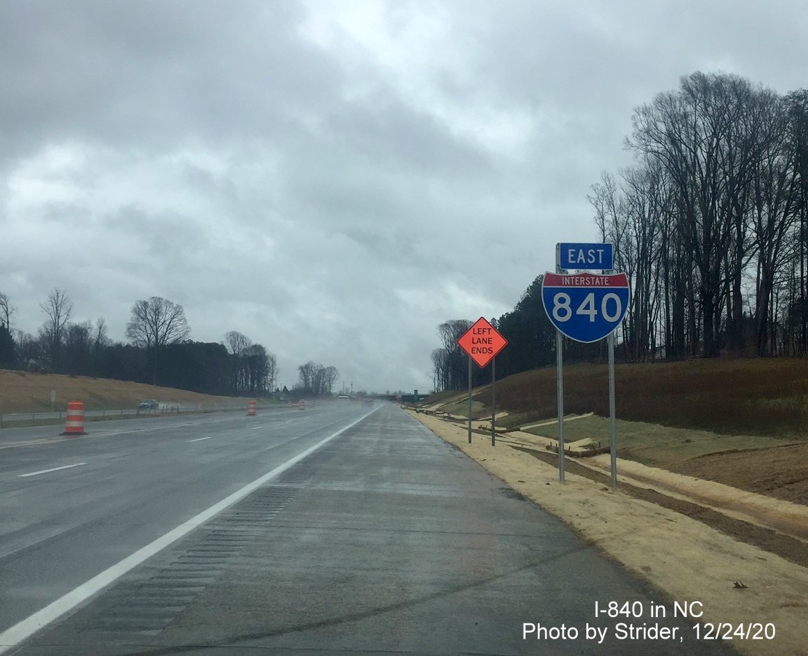 Image of newly placed East I-840 reassurance marker on newly opened section of Greensboro Urban Loop between Lawndale Drive and North Elm Street, by Strider, December 2020