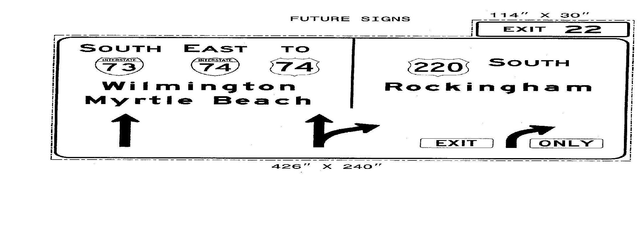 Image of previous NCDOT plan for US 220 exit sign at start of I-73/I-74 Rockingham Bypass from Dec. 2013