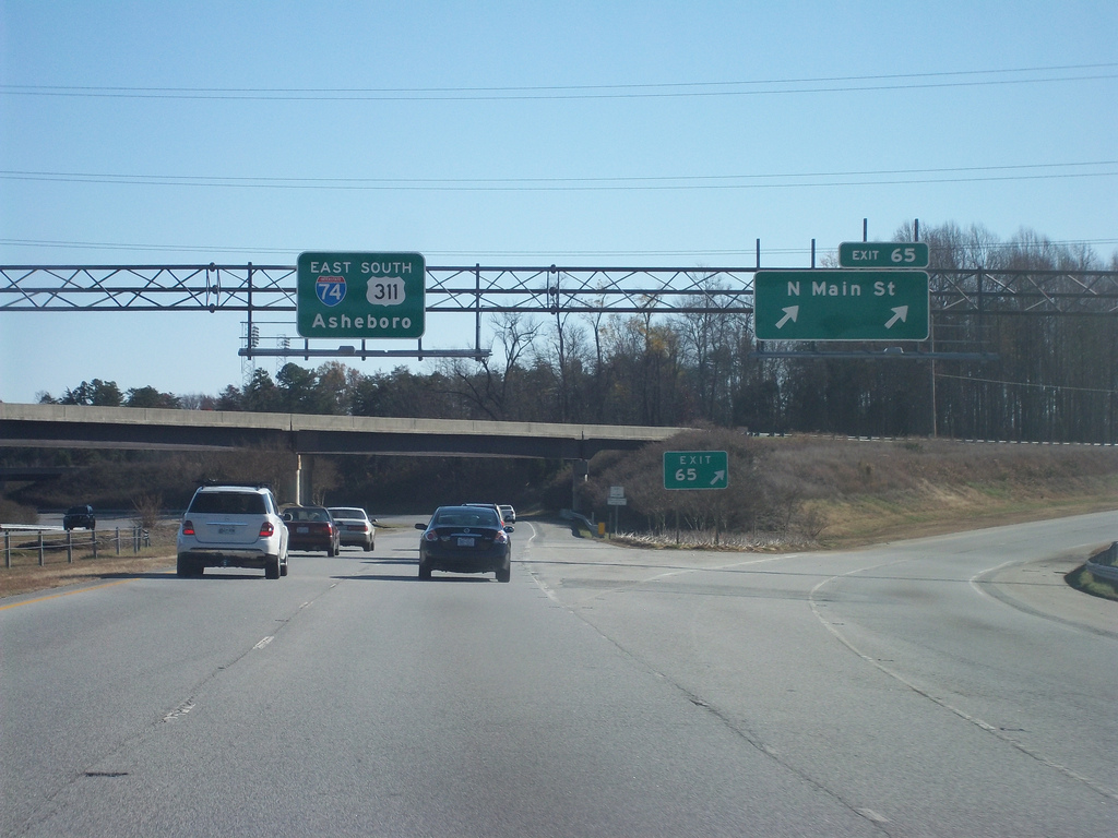 Photo of I-74 signage placed at beginning of East Belt when Completed to 
I-85 in November 2010