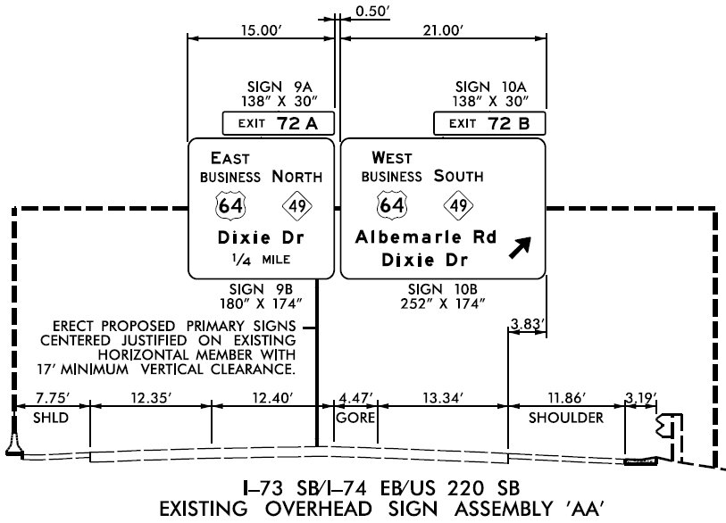 NCDOT sign plan for I-73 /I-74 ramps on Business 64 East in Asheboro, published June 2024