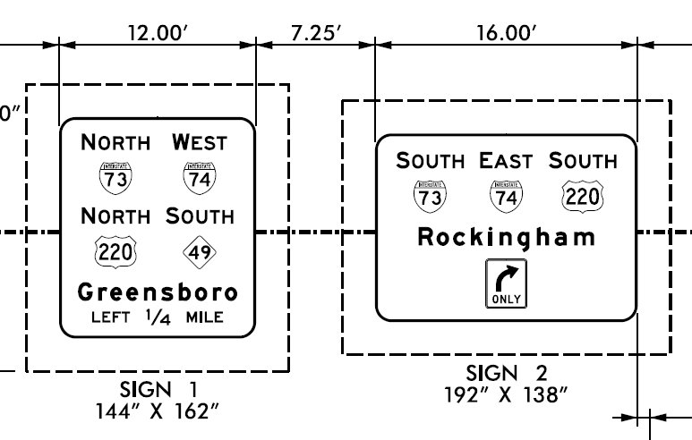 NCDOT sign plan for Business 64/NC 49 exits on I-73 South/I-74 East in Asheboro, published June 2024