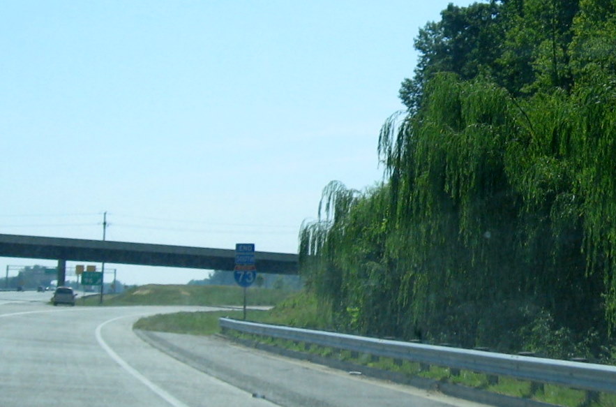 Photo of the End South I-73 sign at the US 220 South exit on
the Greensboro Loop, August 2009