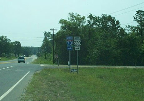 Photo of Future I-73 sign at the US 220 north onramp near Randleman in 
October 2002