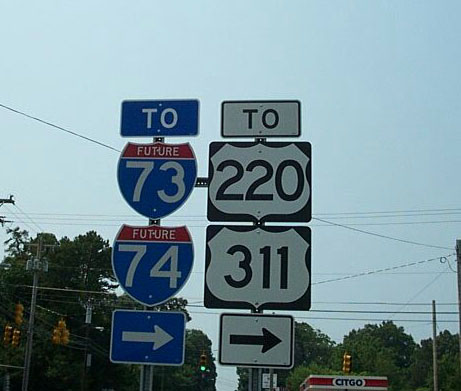 Photo of Future I-73/I-74 sign assembly at the intersection of US 220 Business 
and what was the original end of US 311, Randleman, NC