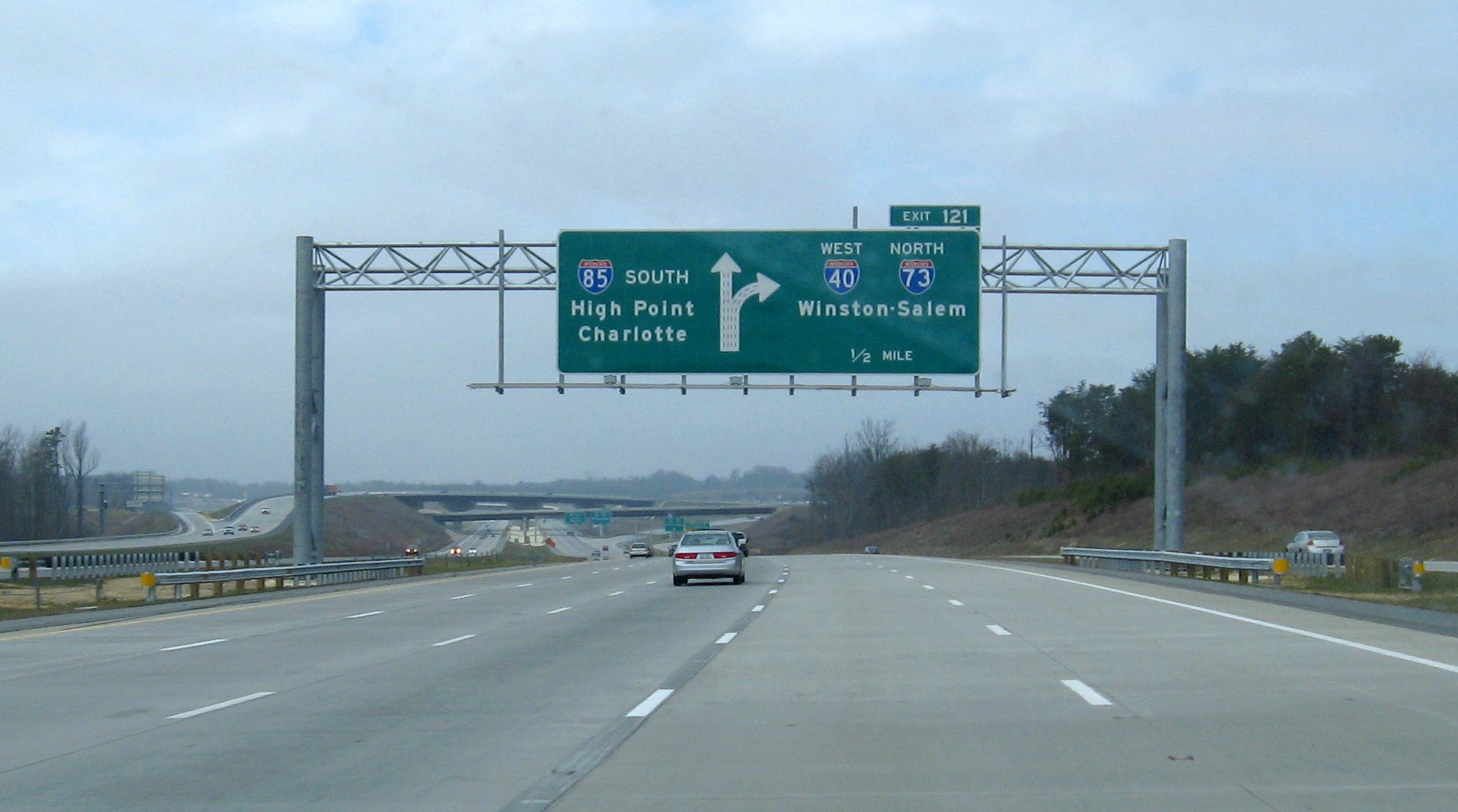 Exit signage at the split of I-85 South and I-73 North before I-40 was moved back
to its original route, Feb. 2007