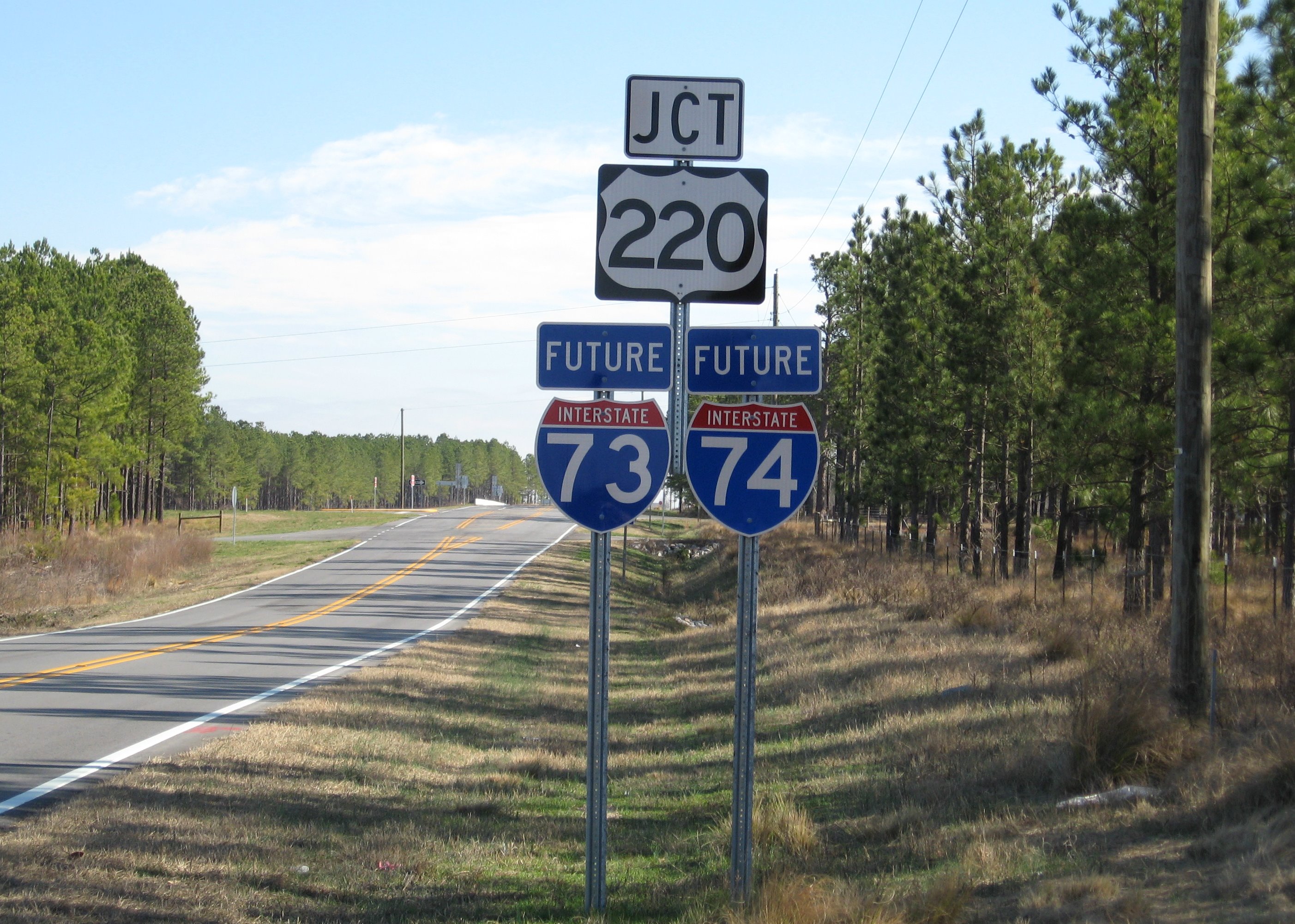 Photo of Future I-73/I-74 US 220 signage approaching the Tabernacle Church Rd 
interchange, Jan. 2008