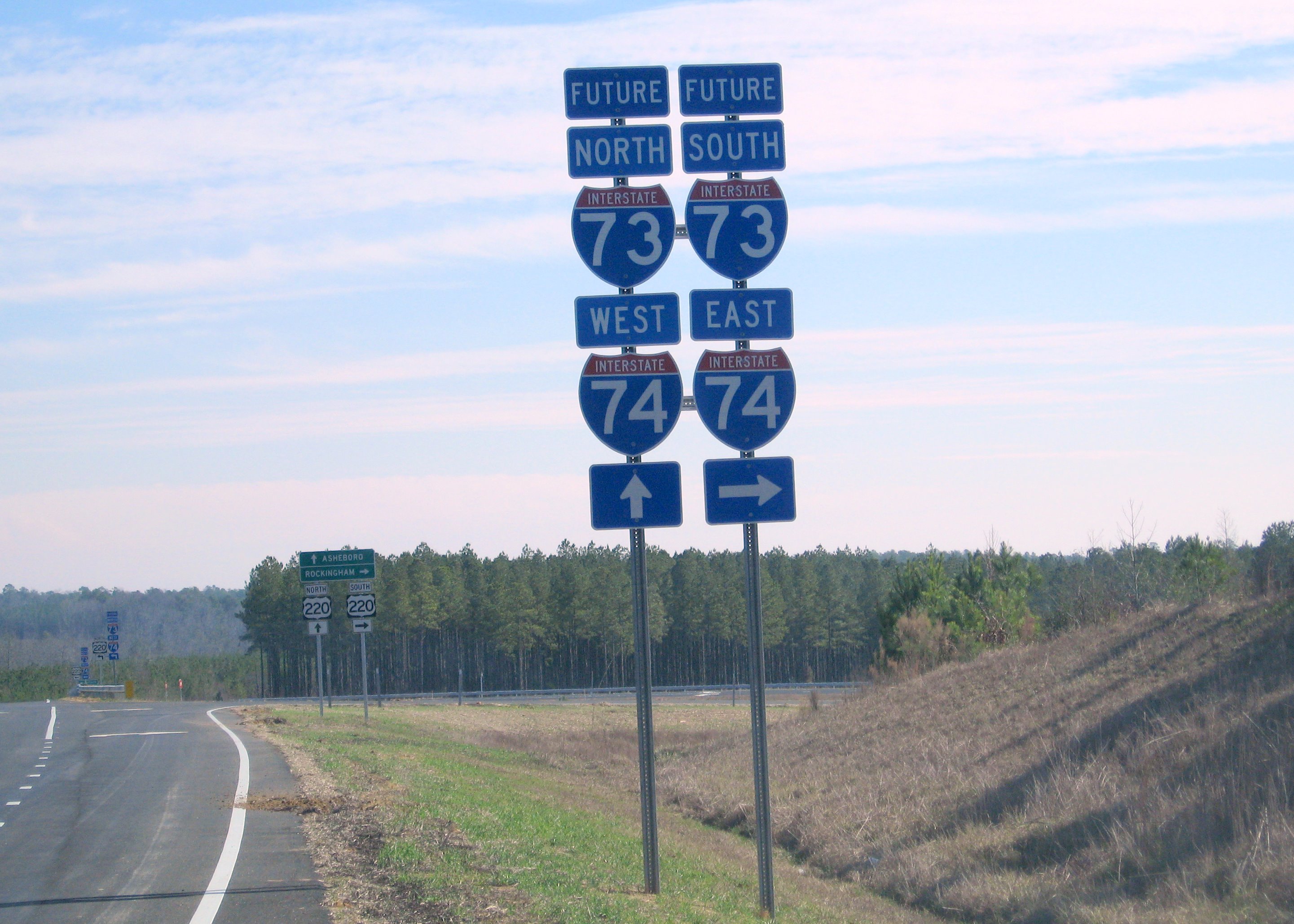 Future I-73/I-74 US 220 and US 220 Destination sign assemblies at Millstone 
Rd interchange near Ellerbe, Jan. 2008