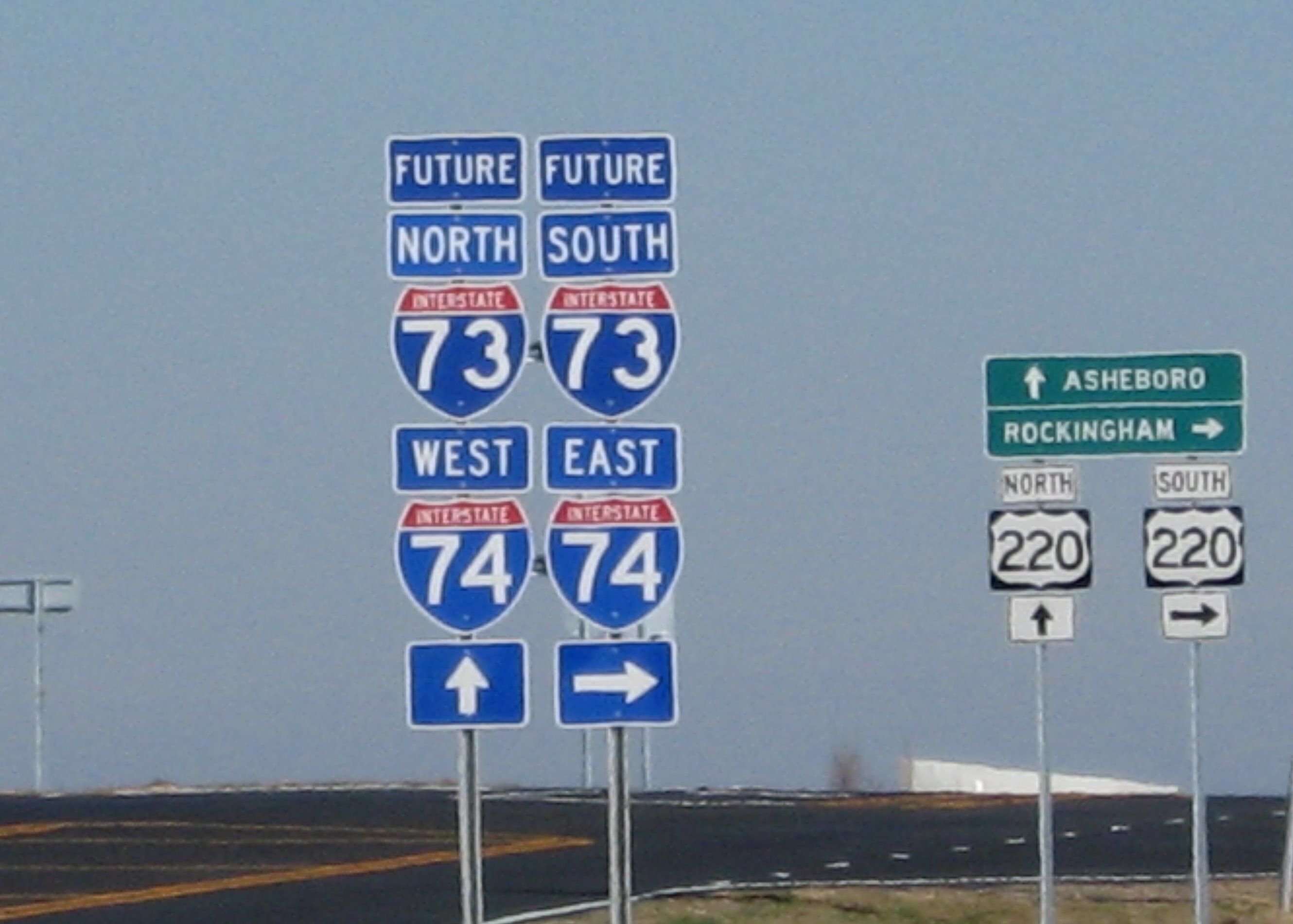 Photo of Future I-73/I-74 and US 220 and US 220 Destination Sign Assemblies 
at NC 73 Interchange, Jan. 2008