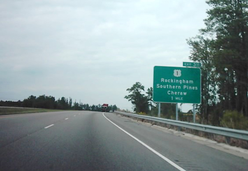 Photo of US 1 exit signage on US 74 (Future I-74) in Rockingham