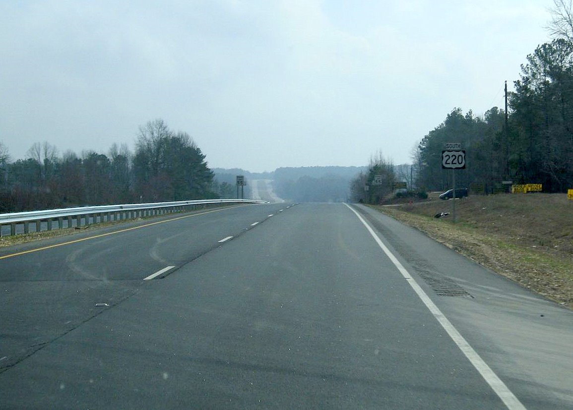 Photo of US 220 South sign assembly after the end of Future I-73/I-74 
South of Ellerbe, Feb. 2008