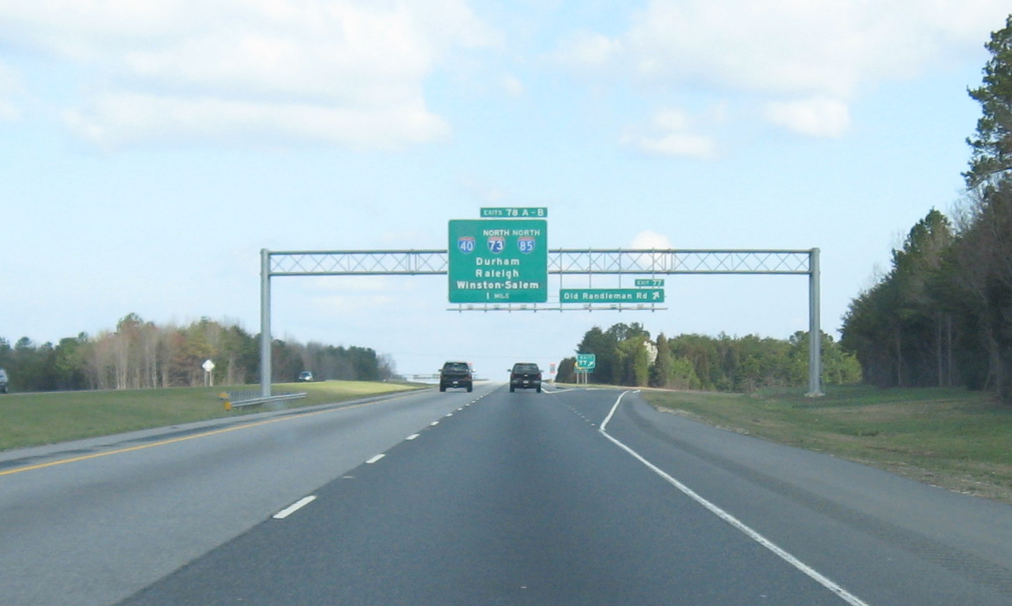 Photo of I-85/I-40/I-73 Overhead sign along US 220 (Future I-73) south 
of Greensboro, NC, March 2008