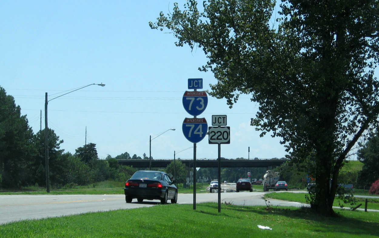 Photo of I-73/I-74 shield assembly at NC 211 interchange in Montgomery
County, July 2012