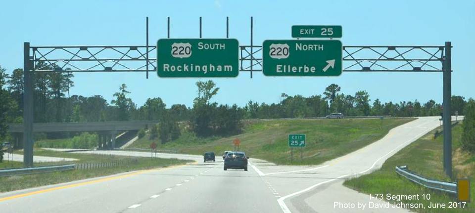 Image taken of overhead exit signage at the current end of I-73 South/I-74 East in Ellerbe, by David Johnson