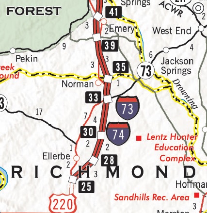 Portion of NCDOT 2017-2018 State Transportation Map wil I-73 Segment 10, between Asheboro and Ellerbe