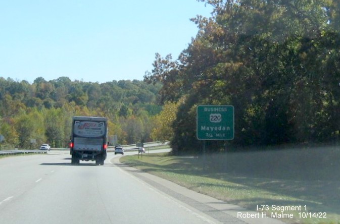 Image of Future I-73 exit sign for Business US 220 South in Mayodan, Rockingham County, 
        October 2022