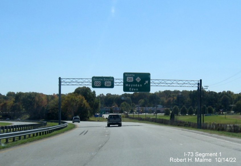 Image of overhead signage at US 220 South exit with US 311 North in Mayodan, Rockingham County, 
        October 2022