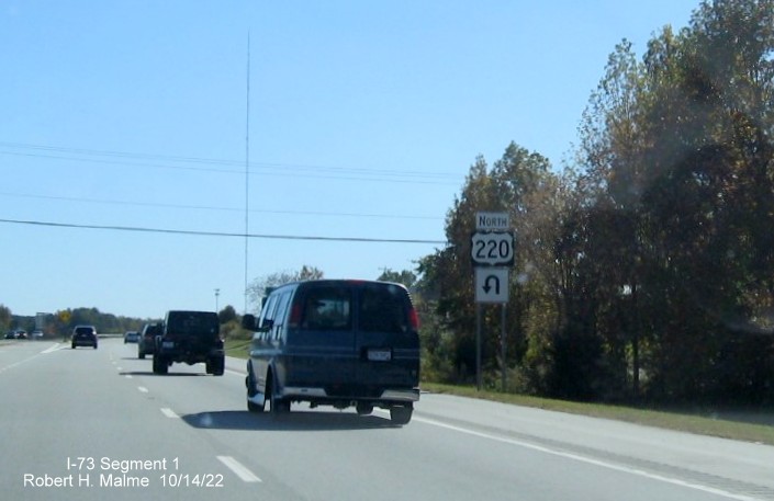 Image of US 220 North u-turn trailblazer north of NC 68 exit in Rockingham County, 
        October 2022