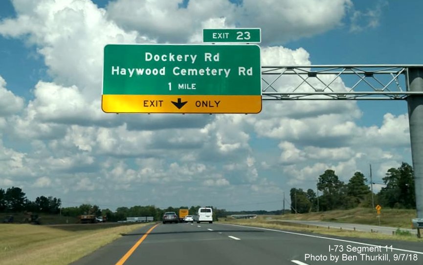 Image of overhead 1 mile advance sign for Dockery Rd/Haywood Cemetery Rd on I-73 North/I-74 West in Richmond County, by Ben Thurkill