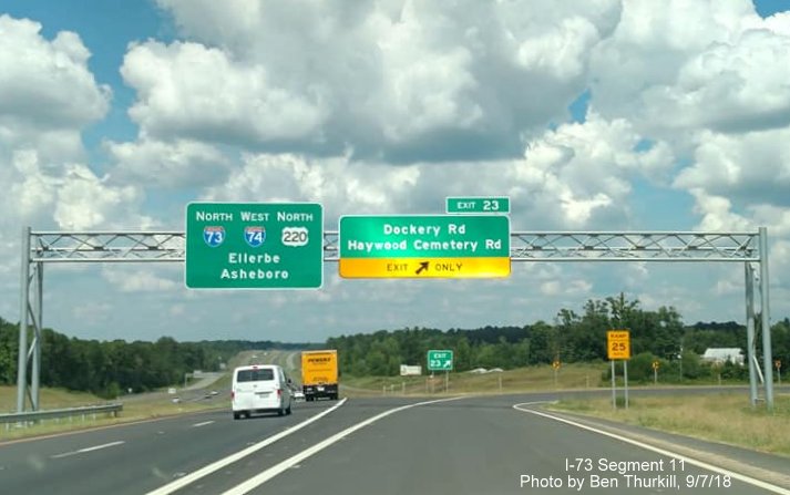 Image of overhead signage at now open Dockery Rd/Haywood Cemetery Rd exit on I-73 North/I-74 West in Richmond County, by Ben Thurkill