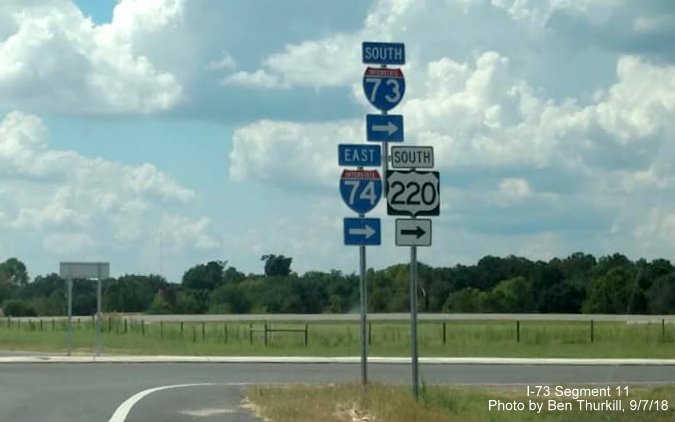 Image of I-73 South/I-74 East and US 220 South trailblazers at on-ramp from Dockery Rd/Haywood Cemetery Rd interchange in Richmond 
        County, by Ben Thurkill