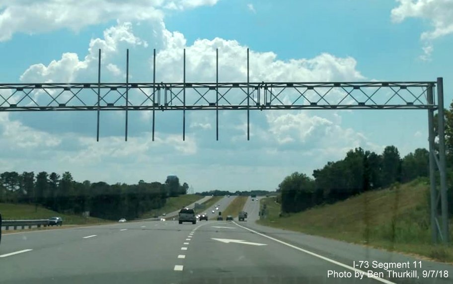 Image of sign gantry for future I-73/I-74 Rockingham Business exit signs on I-73 South/I-74 East in Richmond County, by Ben Thurkill
