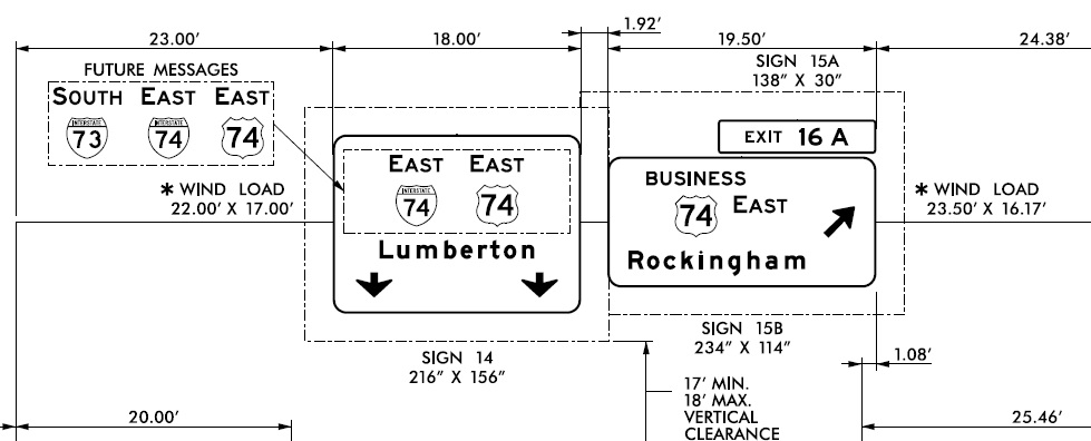 NCDOT sign plans for US 74/Bus. US 74 exits on future I-73 South/I-74 East Roclckingham Bypass