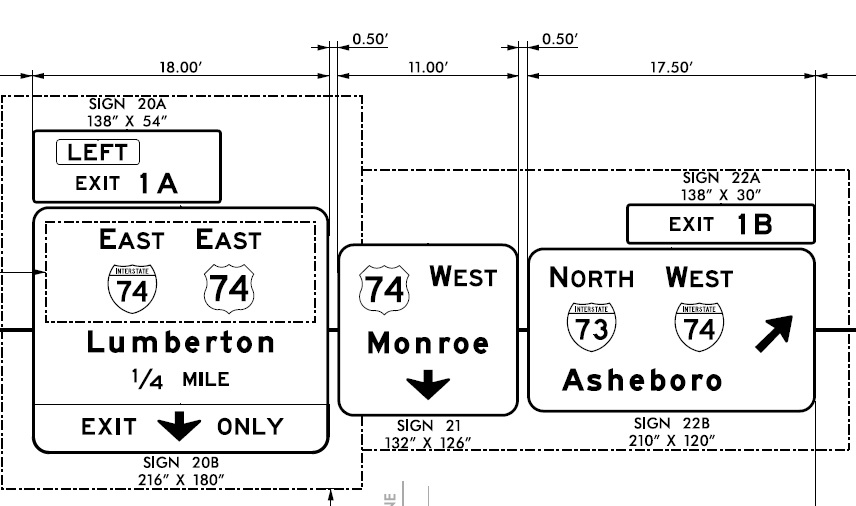 NCDOT sign plans for I-74/US 74 (Future I-73) East and US 74 West with new exit number at southern end of Future Bypass