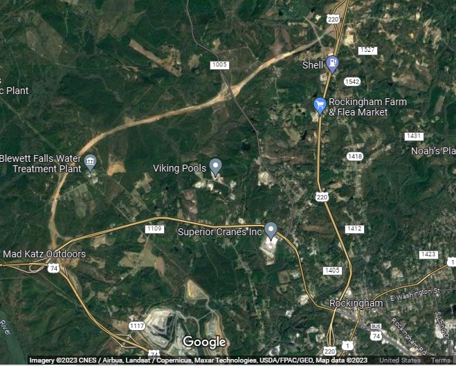 Google Maps satellite image of future I-73/I-74 Bypass corridor around 
      Rockingham
