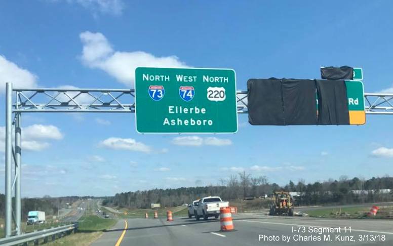 Image of new overhead signage at Haywood Cemetery Rd exit still under construction on I-73 North/I-74 West north of Rockingham, by 
        Charles M. Kunz