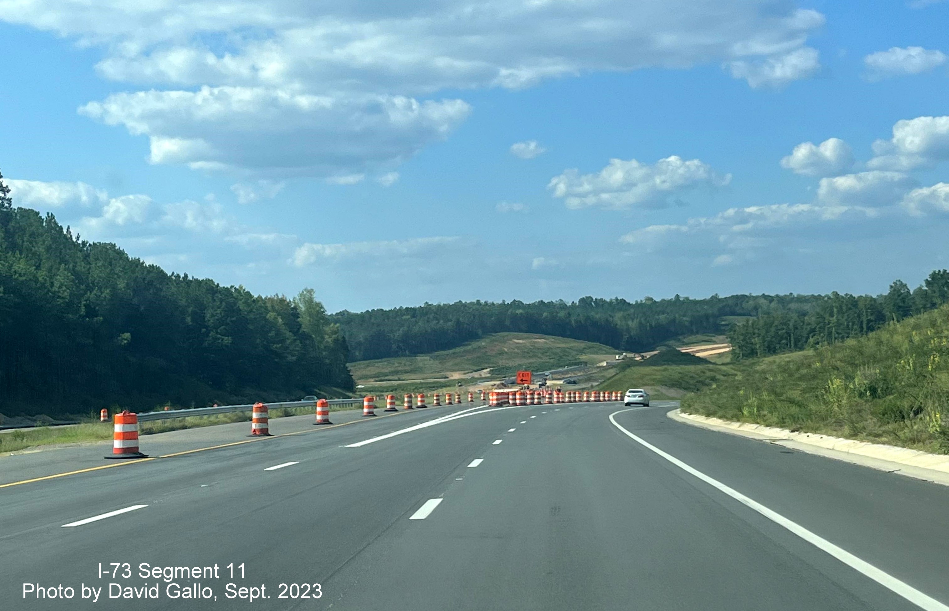 Image of entry to future US 74 West exit ramp from I-73 North/I-74 West Rockingham Bypass, by 
       David Gallo, September 2023