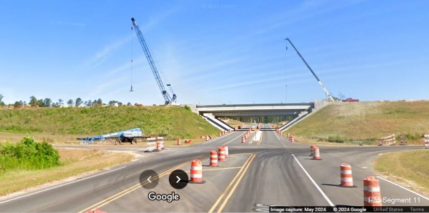 Image of Cartledge Creek Road headed east towards future interchange with I-73/I-74 Rockingham
          Bypass, Google Maps Street View, May 2024