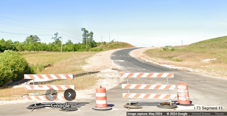 Image of future ramp from I-73 South/I-74 West Rockingham
          Bypass to Cartledge Creek Road, Google Maps Street View, May 2024