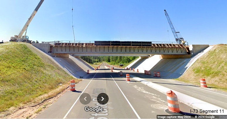 Image of bridge that will carry I-73 North/I-74 West Rockingham
          Bypass over Cartledge Creek Road, Google Maps Street View, May 2024