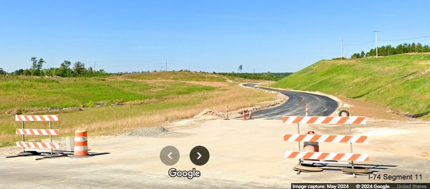 Image of ramp from Cartledge Creek Road to I-73 North/I-74 West Rockingham
          Bypass, Google Maps Street View, May 2024