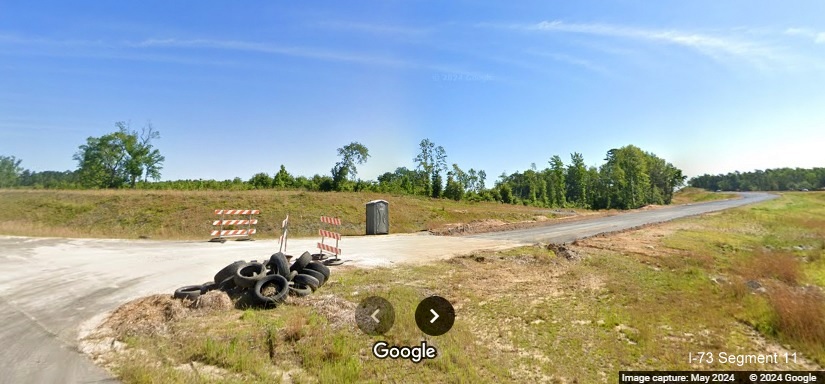 Image of ramp to Cartledge Creek Road from I-73 North/I-74 West Rockingham
          Bypass, Google Maps Street View, May 2024