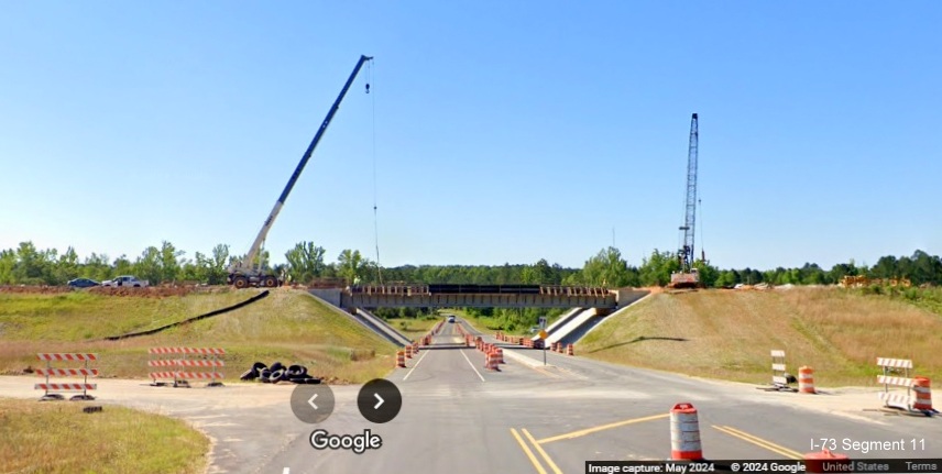 Image of ramp to Cartledge Creek Road from I-73 North/I-74 West Rockingham
          Bypass, Google Maps Street View, May 2024