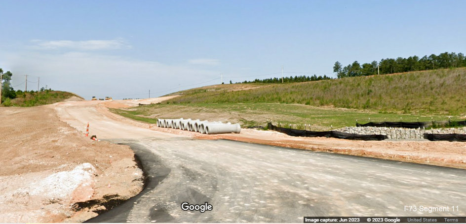 Image of future off-ramp from I-73 South/I-74 East Rockingham Bypass to Cartledge 
       Creek Road, Google Maps Street View, June 2023
