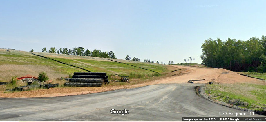 Image looking at future on-ramp to I-73 South/I-74 East Rockingham Bypass to Cartledge 
       Creek Road, Google Maps Street View, June 2023