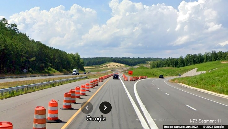 Image of completed roadway at US 74 West future exit ramp from I-73 North/I-74 West Rockingham 
         Bypass, Google Maps Street View, June 2024