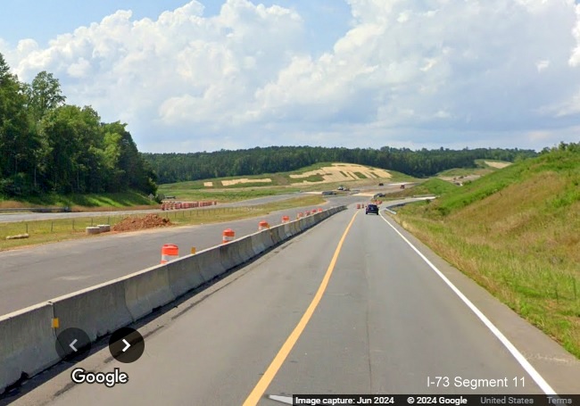 Image of completed roadway at exit ramp for Business US 74 from future I-73 North/I-74 West Rockingham 
         Bypass, Google Maps Street View, June 2024