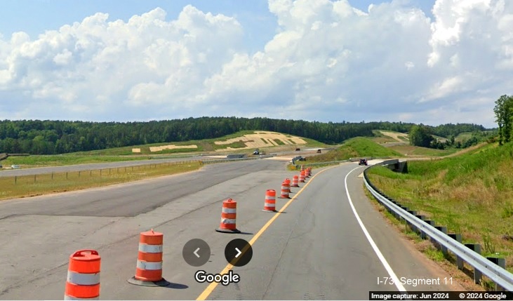 Image of open exit ramp to Business US 74 East from future I-73 North/I-74 West Rockingham 
         Bypass, Google Maps Street View, June 2024