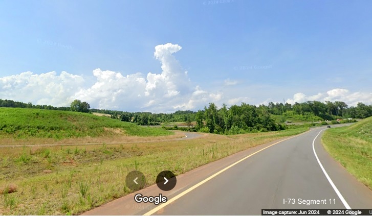 Image of ramps to and from Business US 74 and to and from future I-73 North/I-74 West Rockingham 
         Bypass, Google Maps Street View, June 2024