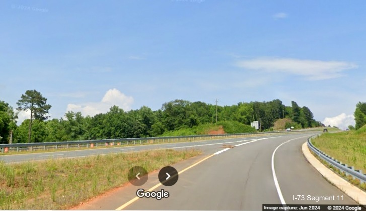 Image of mergin of exit ramp from I-73 North/I-74 West Rockingham Bypass with Business 74
         East, Google Maps Street View, June 2024