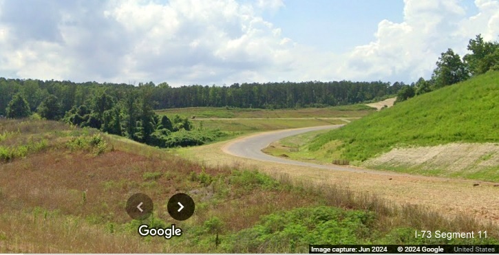 Image of future ramp that will carry traffic to I-73 North/I-74 West Rockingham Bypass from
          Business 74 West, Google Maps Street View, June 2024